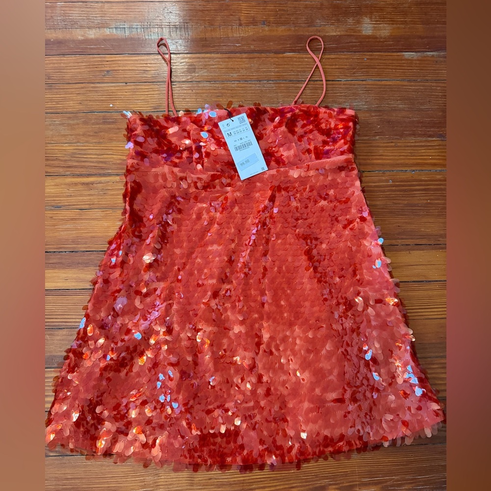 New with tags Zara Red Sequin Mini Dress with Spaghetti Straps size Medium